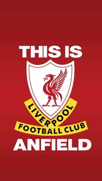 Liverpool football club emblem with This Is Anfield text on red background