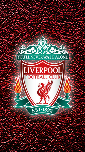 Liverpool Fc crest with the iconic Liver bird and flames on a red textured background