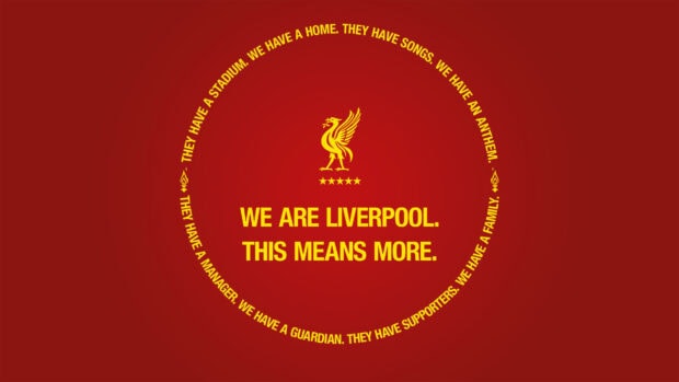 The Liverpool logo with inspirational text about the team identity and spirit in a circular design