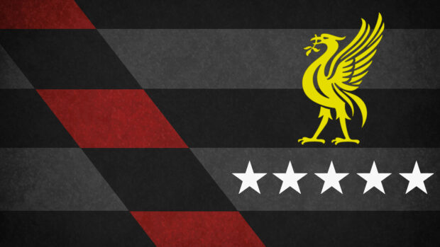 The Liverpool Fc emblem with five stars on a dark geometric background