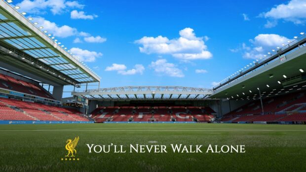Anfield stadium with Liverpool Fc emblem and You ll Never Walk Alone motto on the pitch