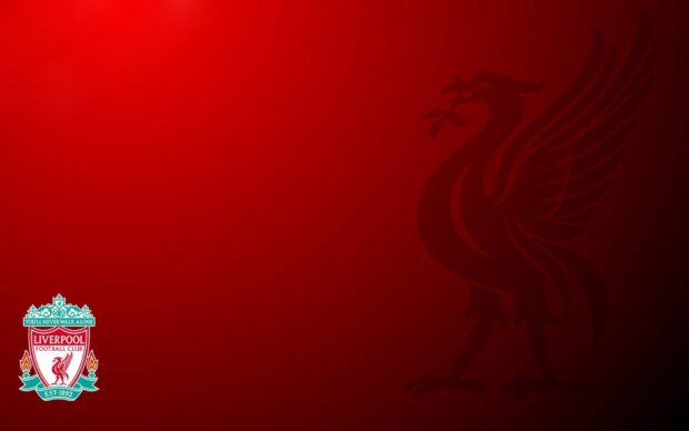 Liverpool Fc crest and liver bird symbol on red background with Liverpool Fc emblem in corner