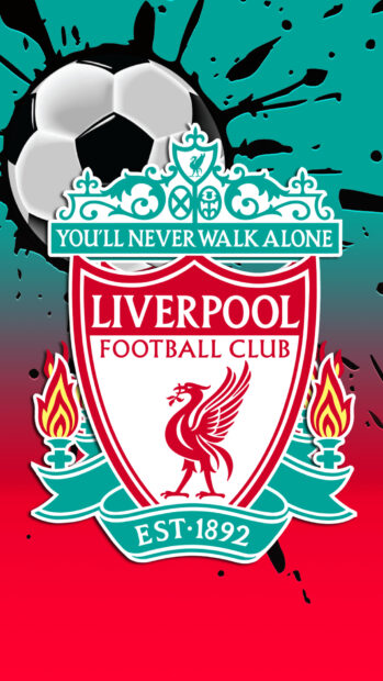 Liverpool football club emblem with a soccer ball and flames on a colorful background