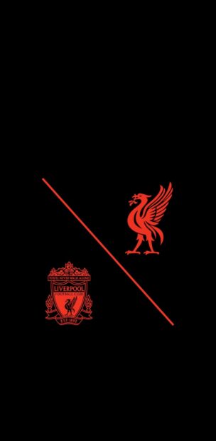 Red Liverpool Fc crest and liver bird separated by a red diagonal line on a black background
