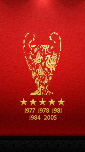 Golden Liverpool fc trophy with championship years on red leather background