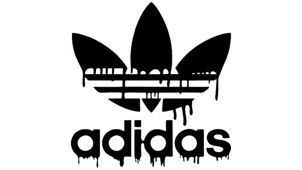 Black Adidas logo with a dripping paint effect on a white background