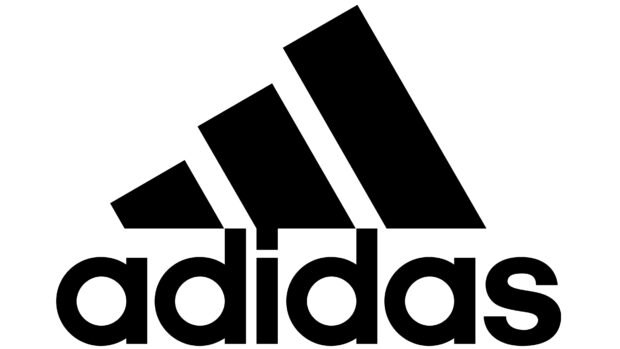 Black Adidas logo with three stripes and text on white background