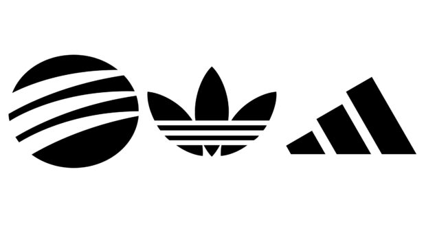 Three black Adidas logos with different designs on a white background
