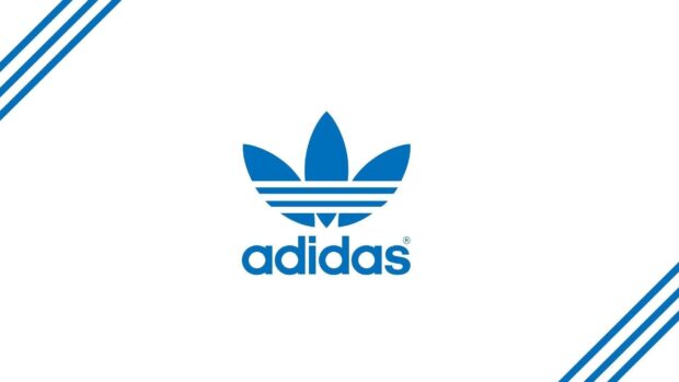 Blue Adidas logo centered on white background with diagonal stripes on corners
