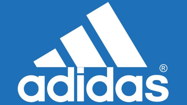 White Adidas logo on a blue background featuring the Adidas brand icon