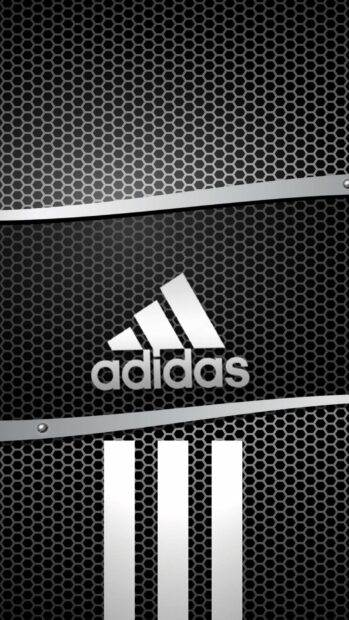 Silver Adidas logo on a black honeycomb pattern background with stripes