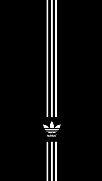 Black background with white Adidas logo and three stripes vertically aligned on phone screen