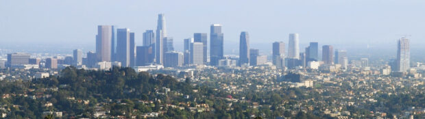 Los Angeles skyline with tall buildings and urban landscape stretching across the horizon