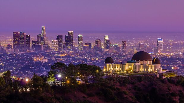 Los Angeles skyline view with the Griffith Observatory at dusk in high definition