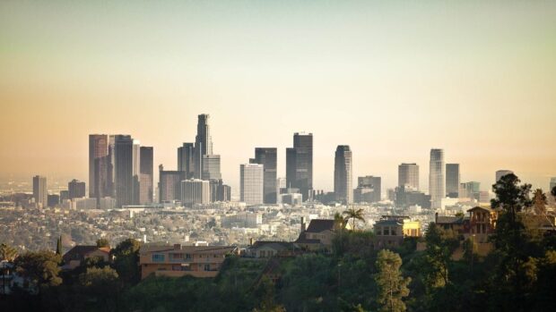 Los Angeles skyline view with tall buildings and residential houses in HD quality