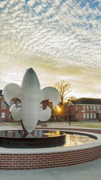 Large fleur de lis sculpture at sunset in Louisiana