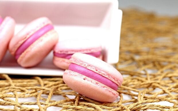 Pink macaron with vibrant filling placed on woven surface near white container