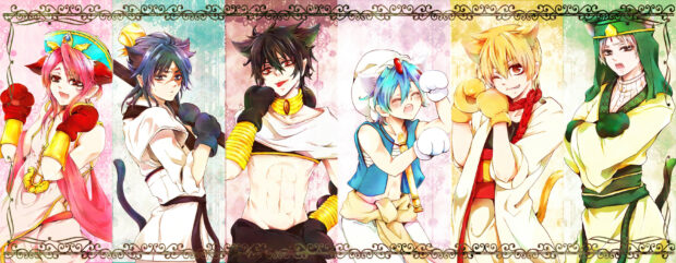 Five magi characters posing with cat ears and boxing gloves in colorful outfits