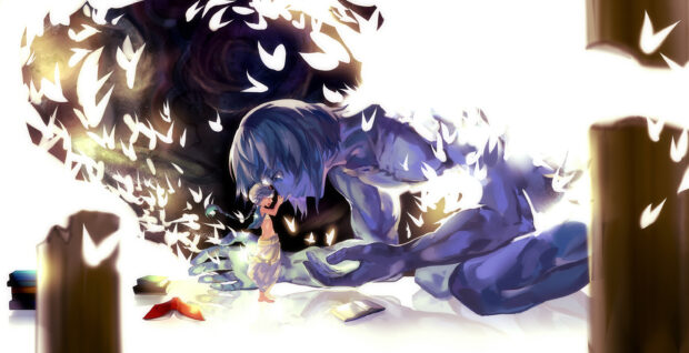 A magical boy gently touches the face of a giant blue creature surrounded by glowing butterflies