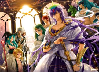 A group of magi characters standing in a bright golden palace with magical and royal attire