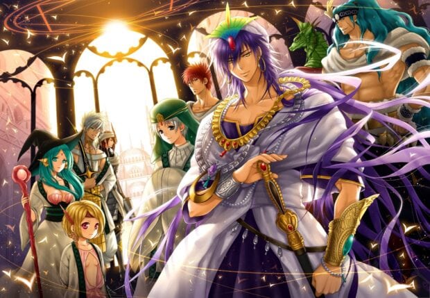 A group of magi characters standing in a bright golden palace with magical and royal attire