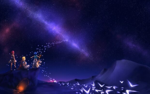Magical characters under stars with glowing birds flying into night sky