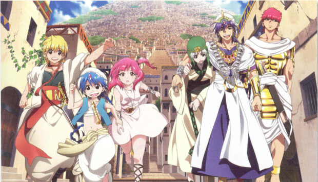 The Magi characters running through a busy street in an ancient cityscape with excitement