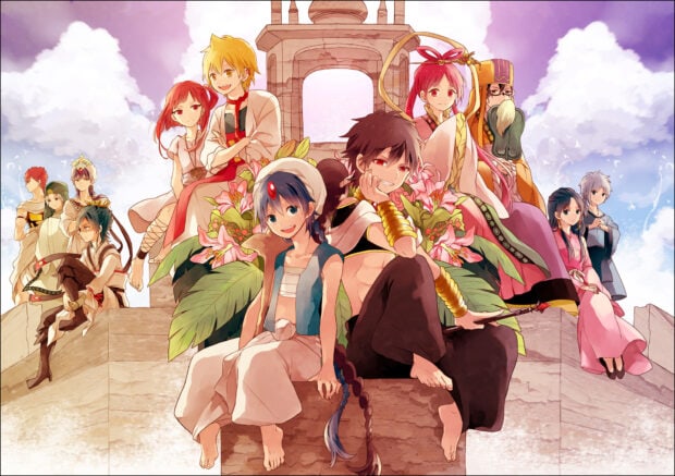 The Magi characters sitting together in front of an ancient stone structure with a bright blue sky