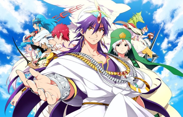 The main character with purple hair and golden accessories leads the group in a vibrant Magi setting