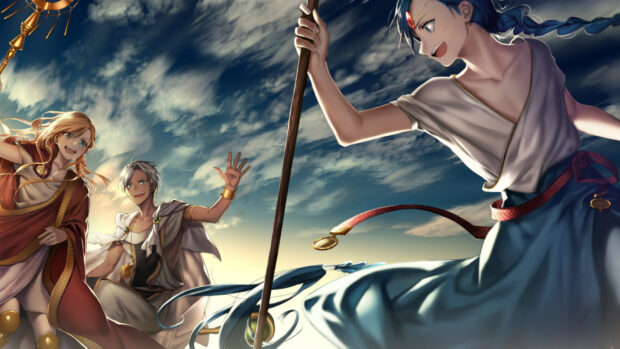 Three characters from Magi anime in ancient attire under a dramatic sky holding a staff