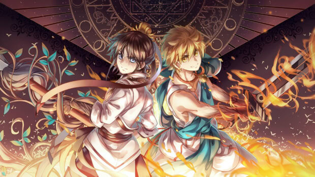 Two Magi characters fighting with swords and magic energy surrounded by flames and mystical symbols