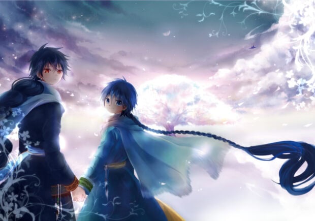 Two magi characters holding hands under a glowing sky with a large tree in the background