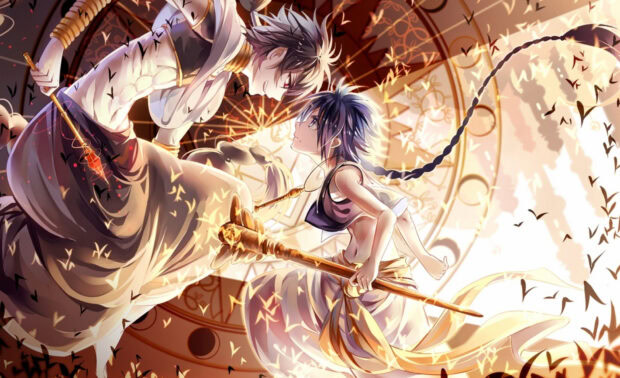 Two young warriors in Magi anime holding staffs and facing each other in a magical setting