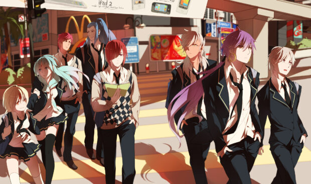 A group of students with different hair colors walking confidently in a city street at sunset