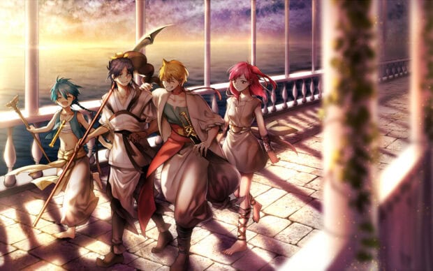 Young Magi characters walking happily by the sea at sunset on an ancient balcony