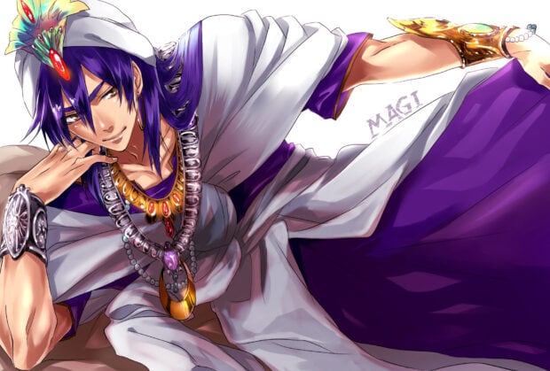 A male character with purple hair and elaborate jewelry reclining in a white and purple outfit