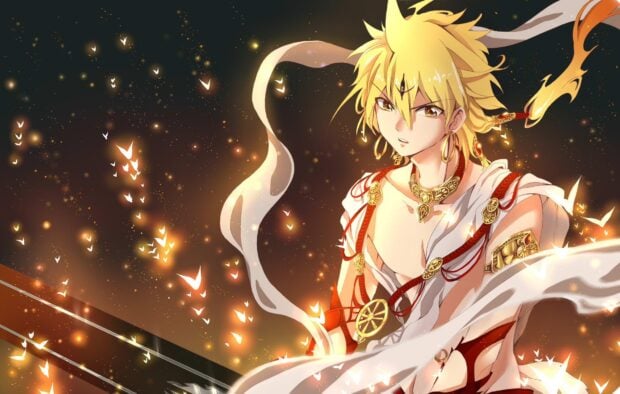 A mystical character with golden hair and ornate accessories surrounded by glowing butterflies and magical light