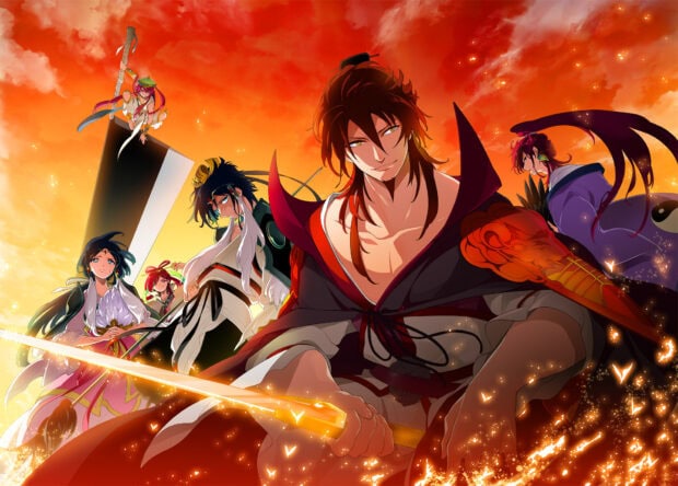 A powerful group of Magi characters wielding weapons with a fiery sunset sky in the background