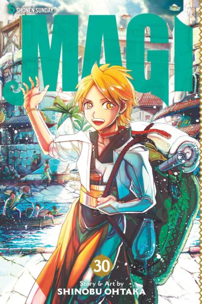 A young adventurer with golden hair carrying a large backpack in a lively ancient harbor scene