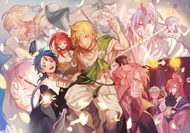 A group of Magi characters showing different expressions and poses in an anime style