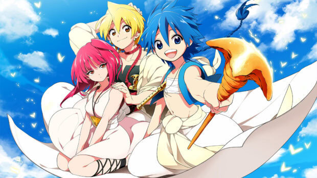 Characters from Magi anime sitting on a flying carpet against a blue sky