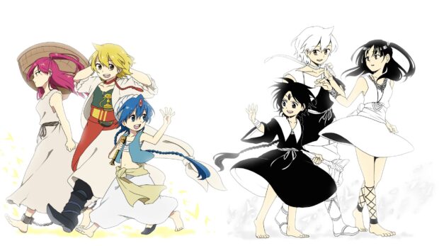 Characters from Magi anime with vibrant colors and distinct outfits walking together in a fantasy style