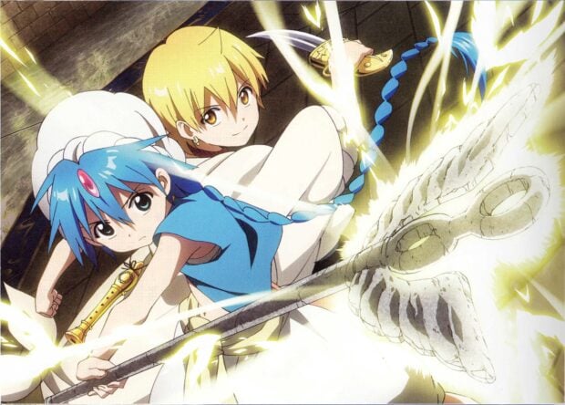 The Magi characters wielding magical weapons in a dynamic battle scene