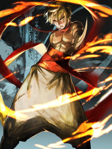 A fierce young warrior from Magi unleashing fiery magical powers in battle pose