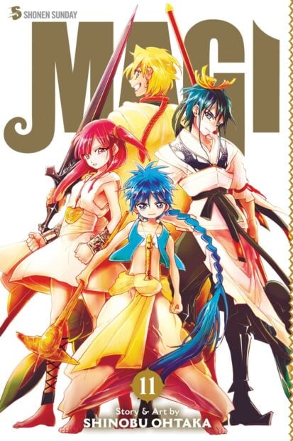A group of Magi characters standing confidently with various weapons in an adventurous pose
