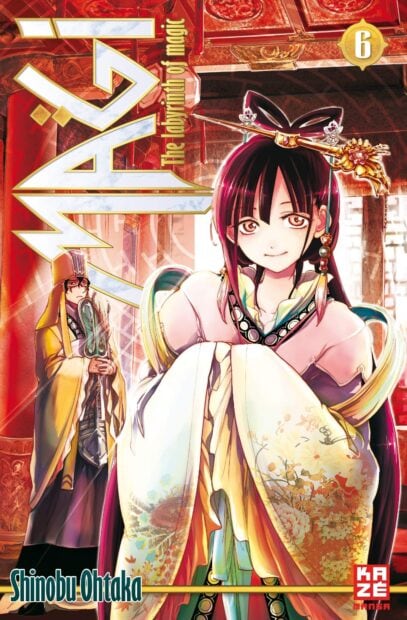 A beautiful character from Magi wearing traditional attire standing in an ornate palace interior