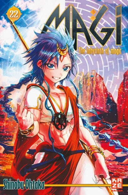 Young magician from Magi with blue hair and red robe in a desert landscape