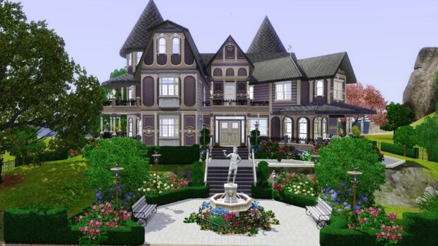 Victorian style mansion surrounded by garden and fountain in front