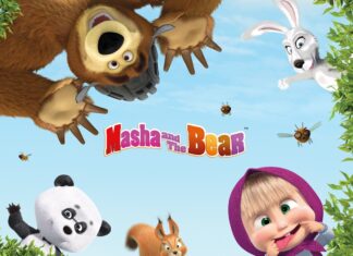 Masha and the Bear characters having fun in the forest with a squirrel and a rabbit