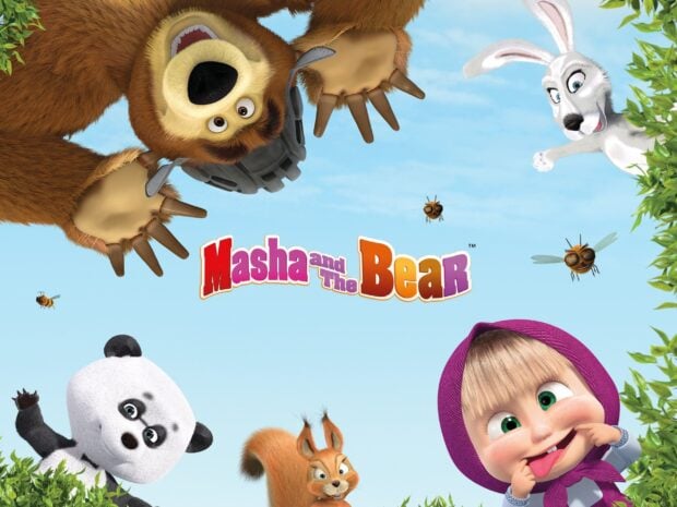 Masha and the Bear characters having fun in the forest with a squirrel and a rabbit
